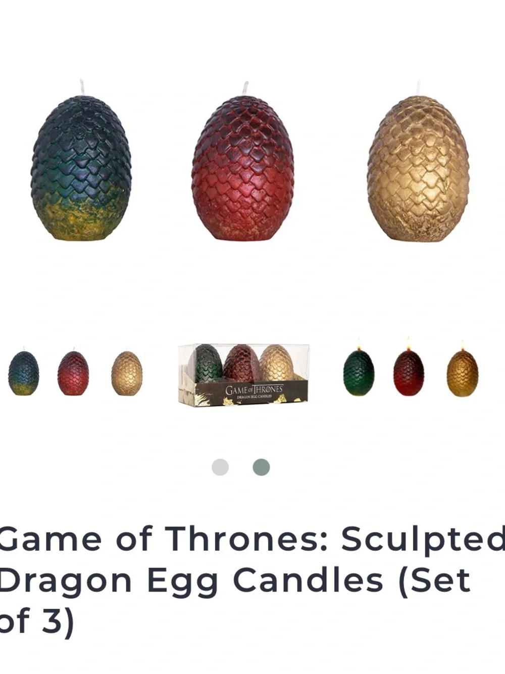 NWT Game of Thrones Dragon Egg Candle Set of 3 - Green, Red, Gold